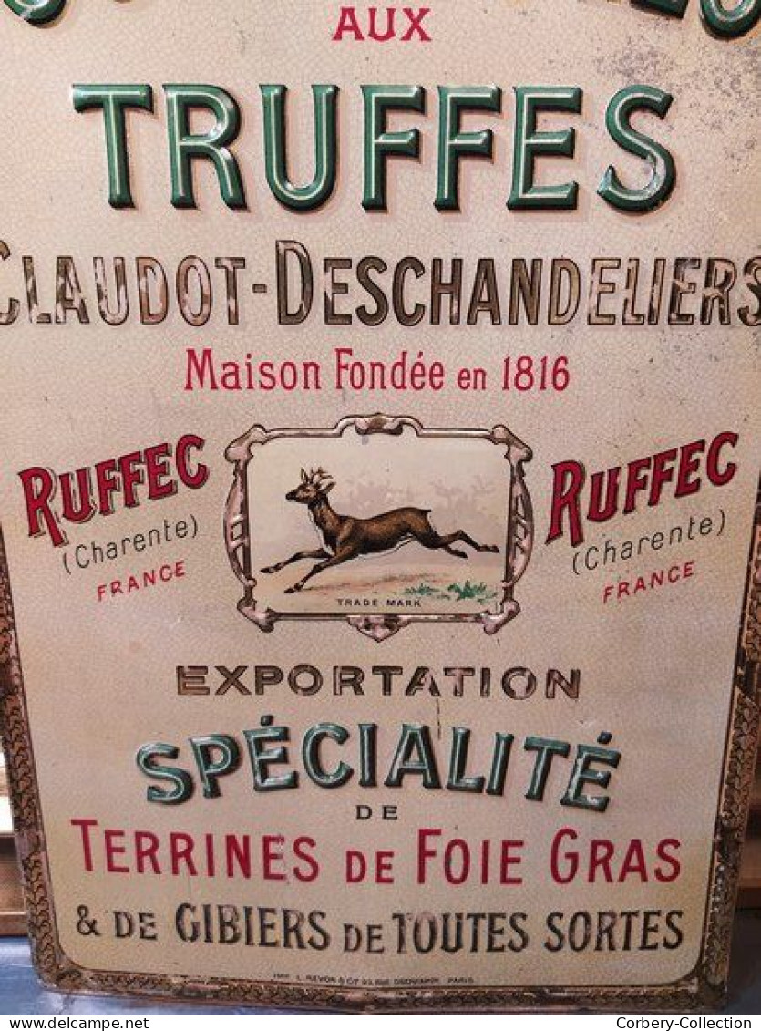 Plaque Tôle Lithographiée 1900 Truffes Ruffec Claudot-Deschandeliers (Charente) - Assurance