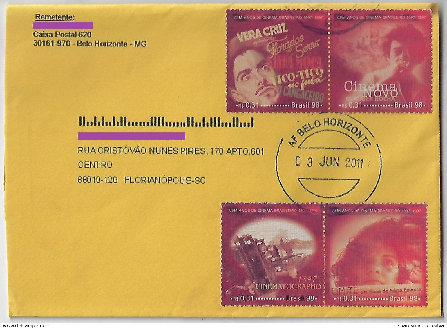 Brazil 2011 Cover From Belo Horizonte To Florianópolis 4 Different Stamp From The 100 Years Of Brazilian Cinema Series - Brieven En Documenten