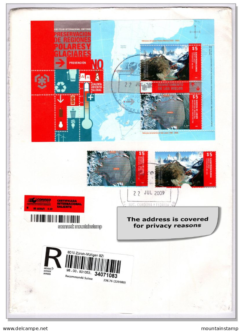 Argentina 2009 (G16) Mount Fitzroy Mountains Berge Montagnes Reg Cover To Switzerland From Year 2009 Glacier Antarctica - Cartas & Documentos