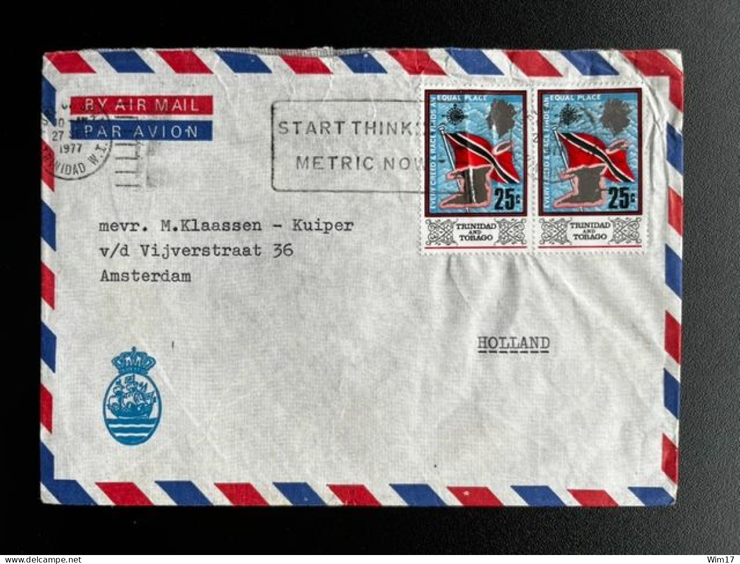 TRINIDAD & TOBAGO 1977 AIR MAIL LETTER PORT OF SPAIN TO AMSTERDAM 27-09-1977 - Trinidad & Tobago (1962-...)