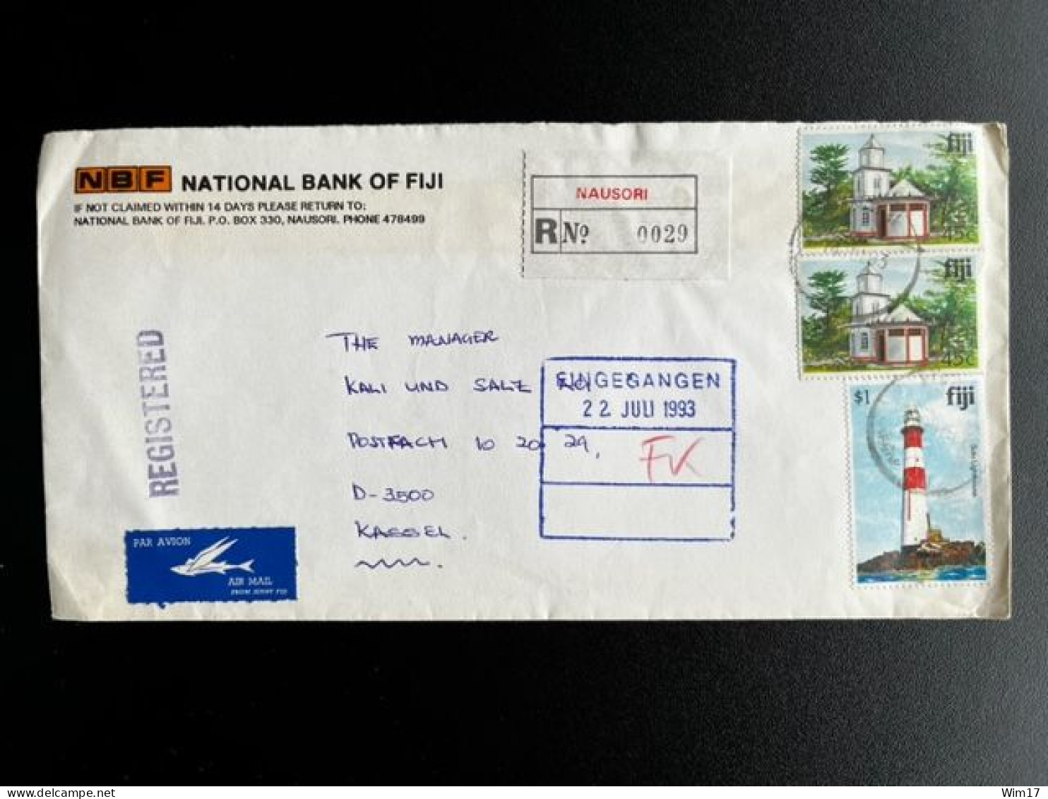 FIJI 1993 REGISTERED AIR MAIL LETTER NAUSORI TO KASSEL 14-07-1993 - Fidji (1970-...)