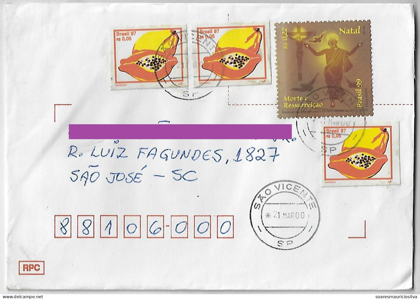 Brazil 2000 Cover From São Vicente To São José 4 Stamp Christmas Death Resurrection Papaya Fruit Micro-perforated - Covers & Documents