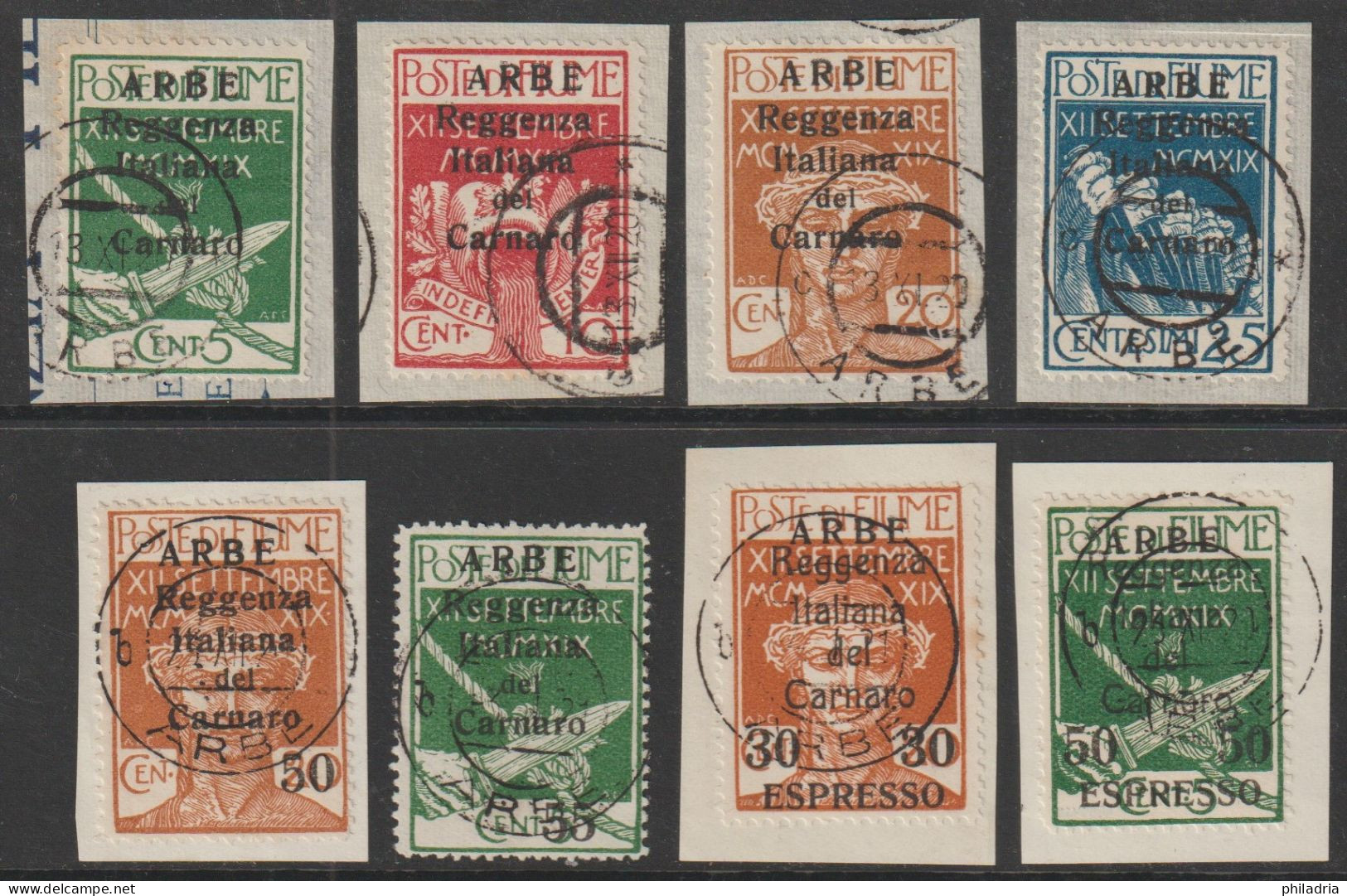 Arbe (Fiume), 1920, Set, Including Express Stamps, Cancelled, Mostly On Pieces, Small ARBE Overprint - Arbe & Veglia
