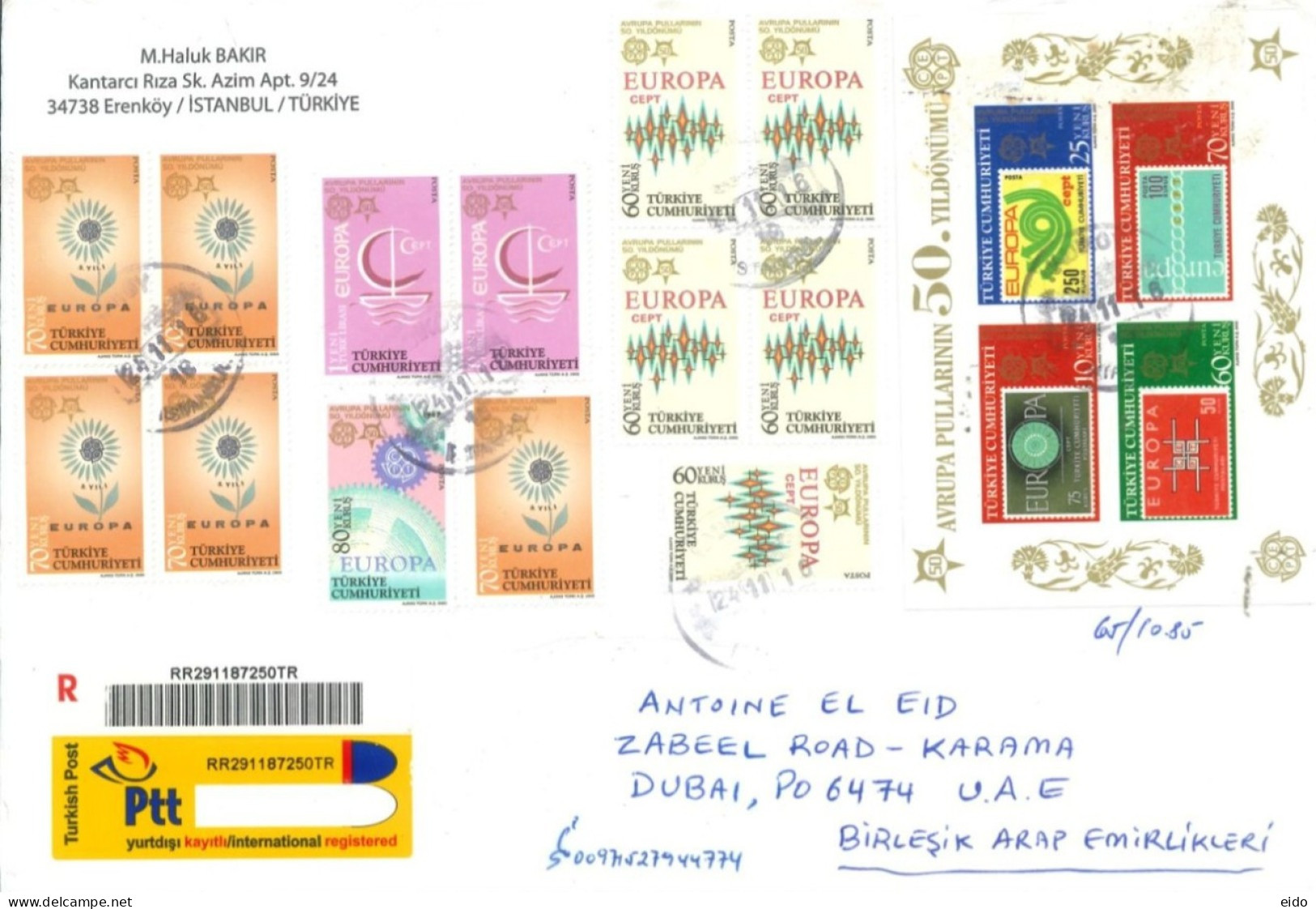 TURKEY  - 2016, REGISTERED STAMPS COVER TO DUBAI.. - Storia Postale