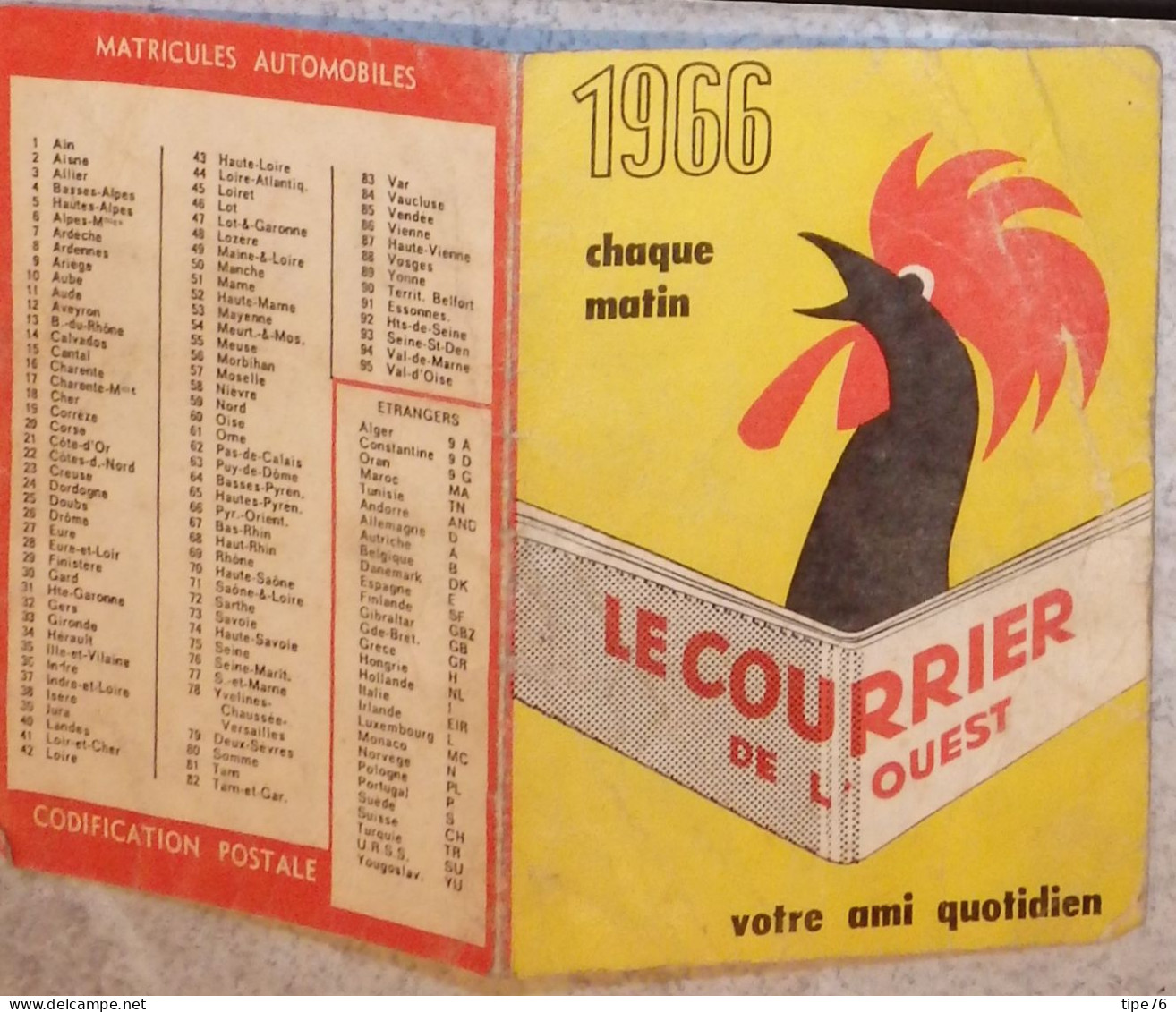 Petit Calendrier Poche 1966 Journal Le Courrier De L'Ouest Coq - Petit Format : 1961-70