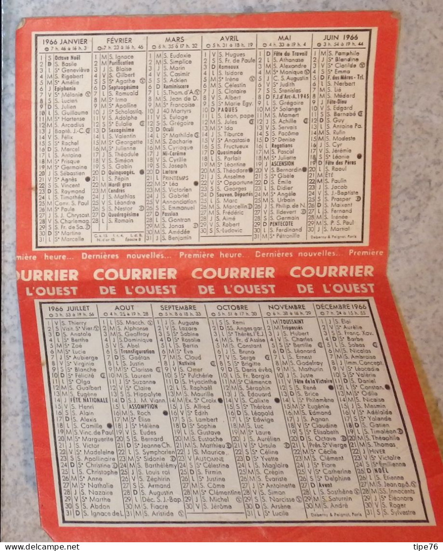 Petit Calendrier Poche 1966 Journal Le Courrier De L'Ouest Coq - Petit Format : 1961-70