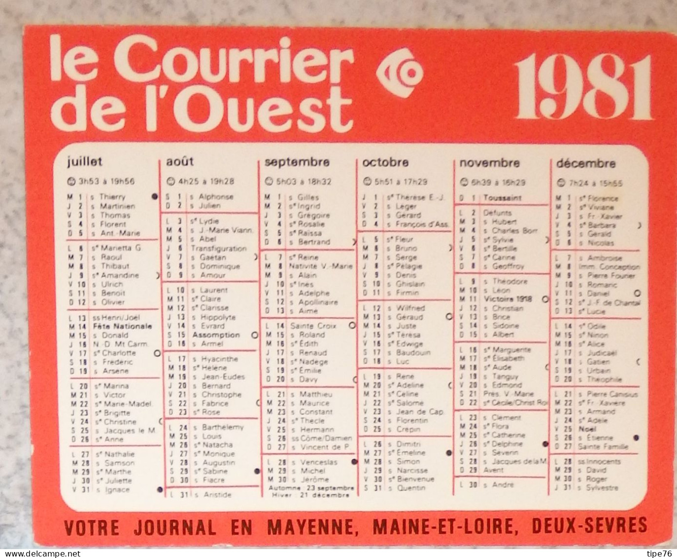 Petit Calendrier Poche 1981 Journal Le Courrier De L'Ouest Mayenne Maine Et Loire Deux Sèvres - Petit Format : 1981-90