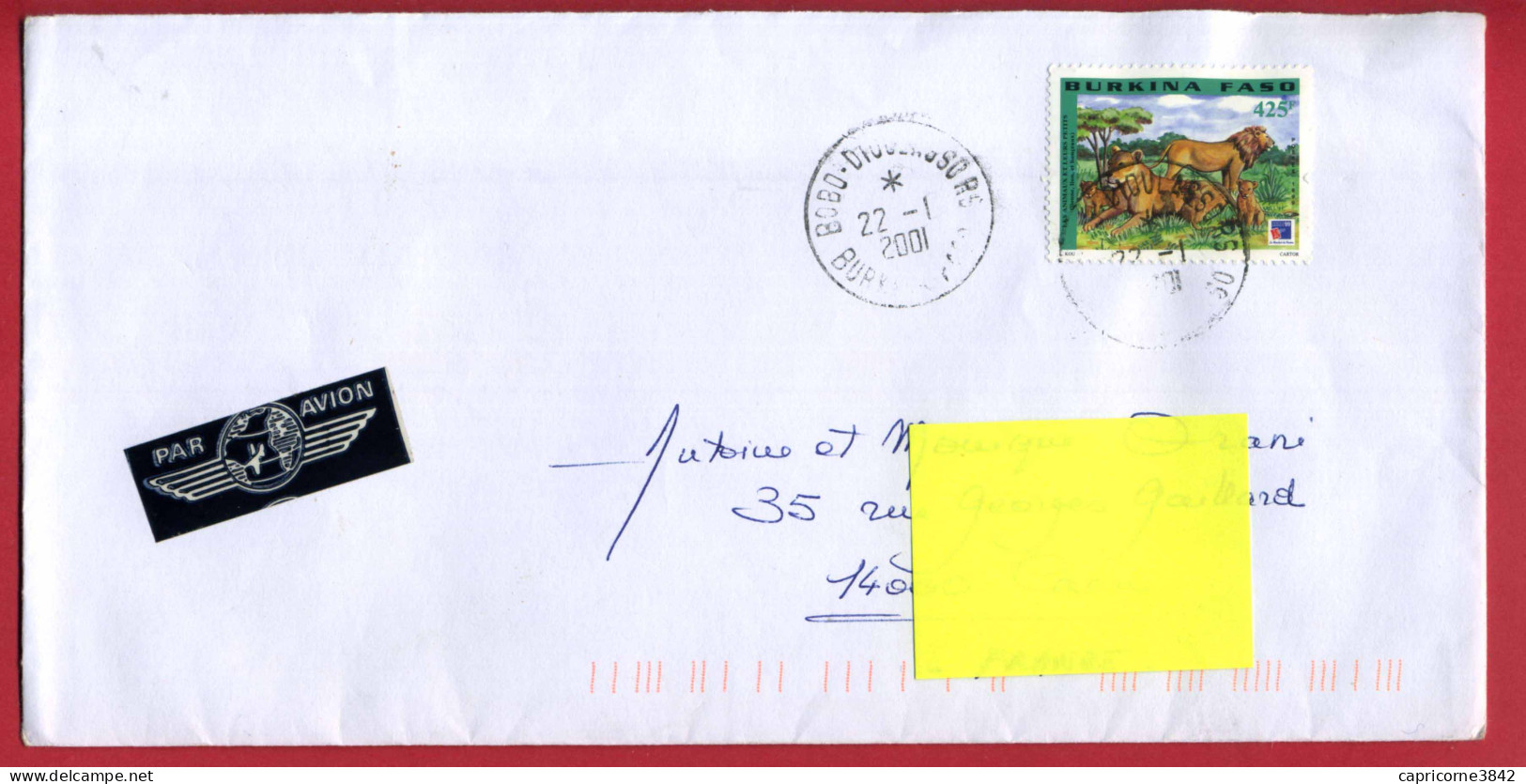 2001 - Burkina Faso - Lettre De Bobo Dioulasso Pour La France - Lionne, Lion Et Lionceaux Tp N° 1117 - Burkina Faso (1984-...)