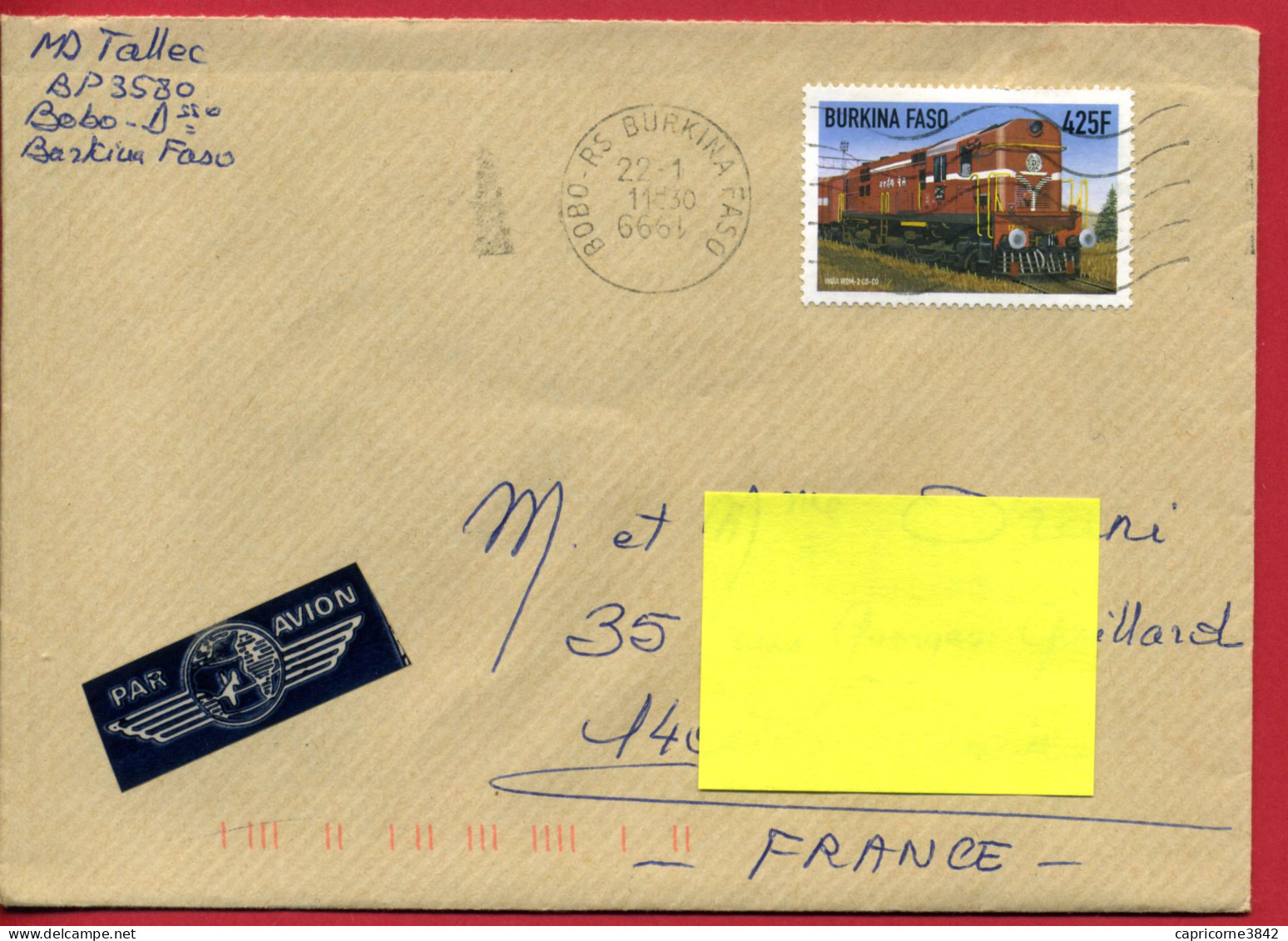 1999 - Burkina Faso - Lettre De Bobo Dioulasso Pour La France - Tp 1112 Du Bloc 772 Locomotive INDIA WDM-2CO-CO - Burkina Faso (1984-...)