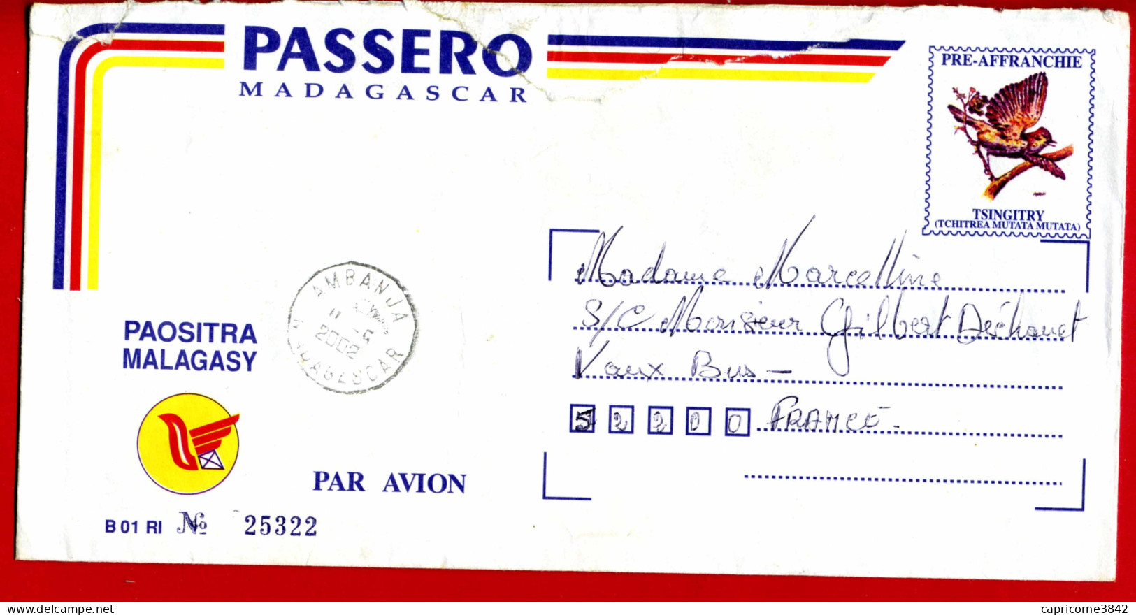 2002 - Madagascar - Entier PAP Pour La France - PASSERO - Tp OISEAU - (Ouverture De L'enveloppe Partie Haute Abimée)  - Madagascar (1960-...)