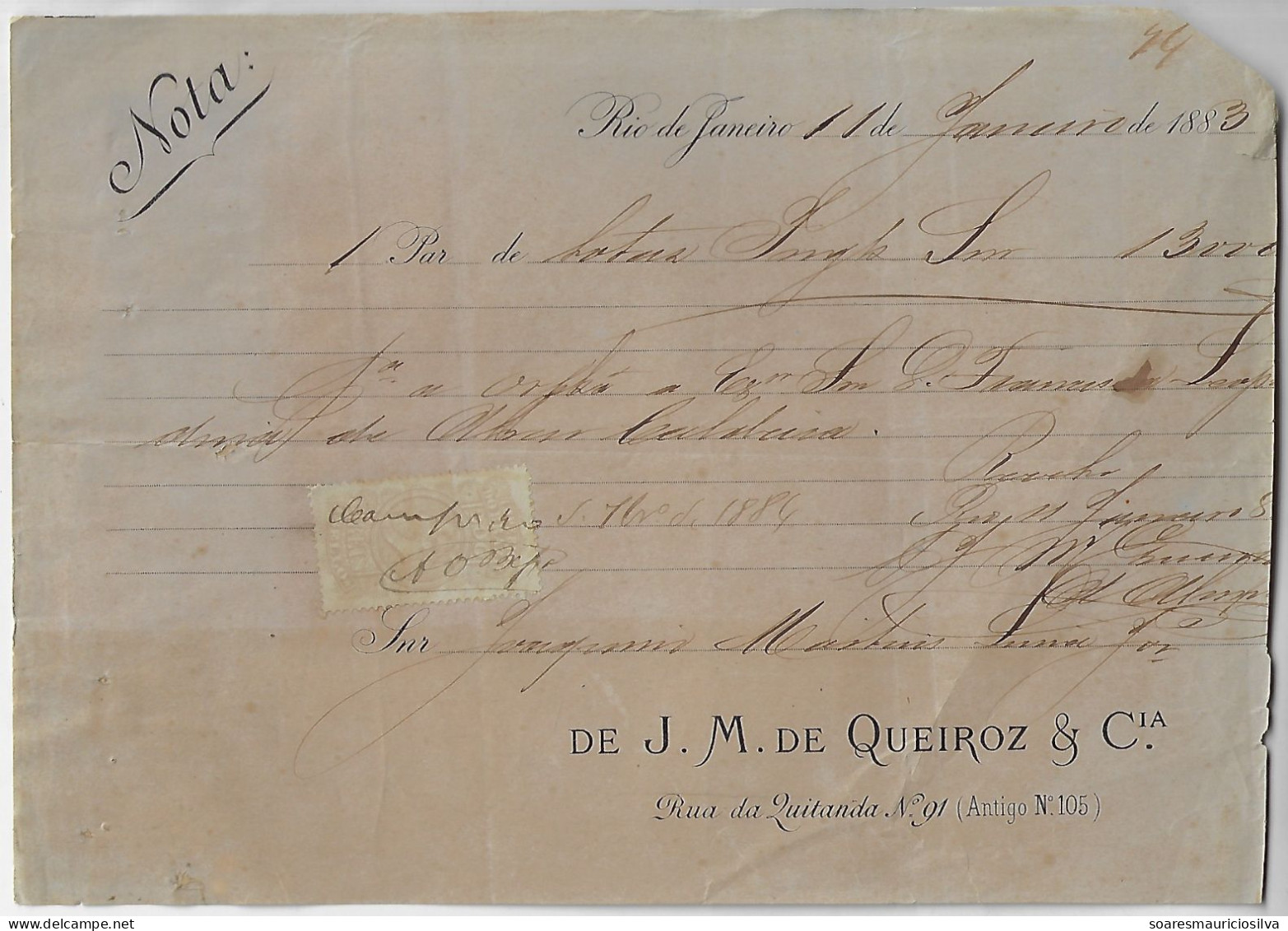 Brazil 1883 J. M. De Queiroz & Co Invoice Issued In Rio De Janeiro Tax Stamp Emperor Pedro II 200 Réis - Covers & Documents