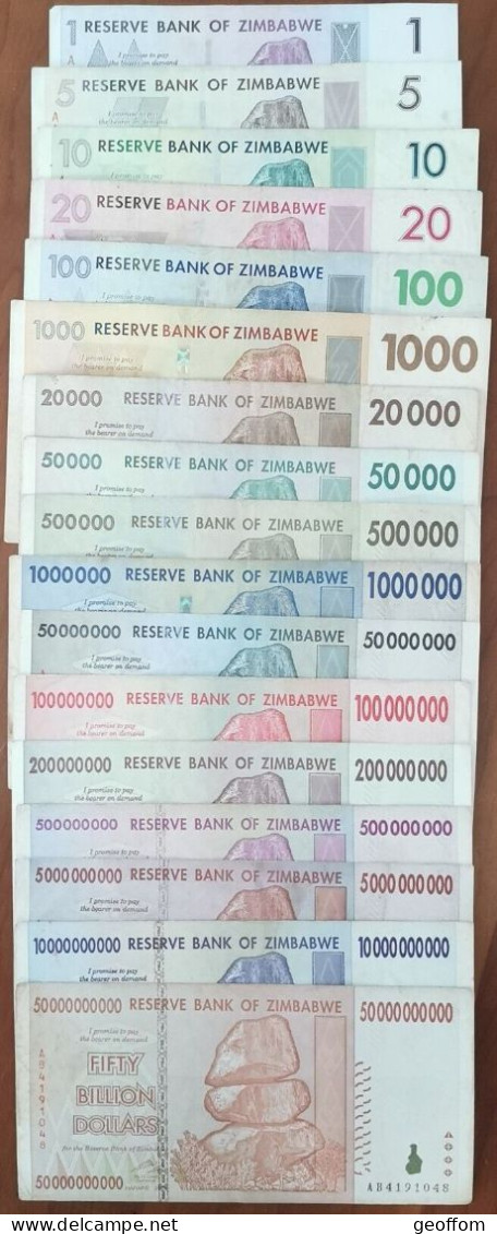 Lot 17 Billets ZIMBABWE De 1 à 50.000.000.000 Dollars - 50 Milliards / Billion - Zimbabwe