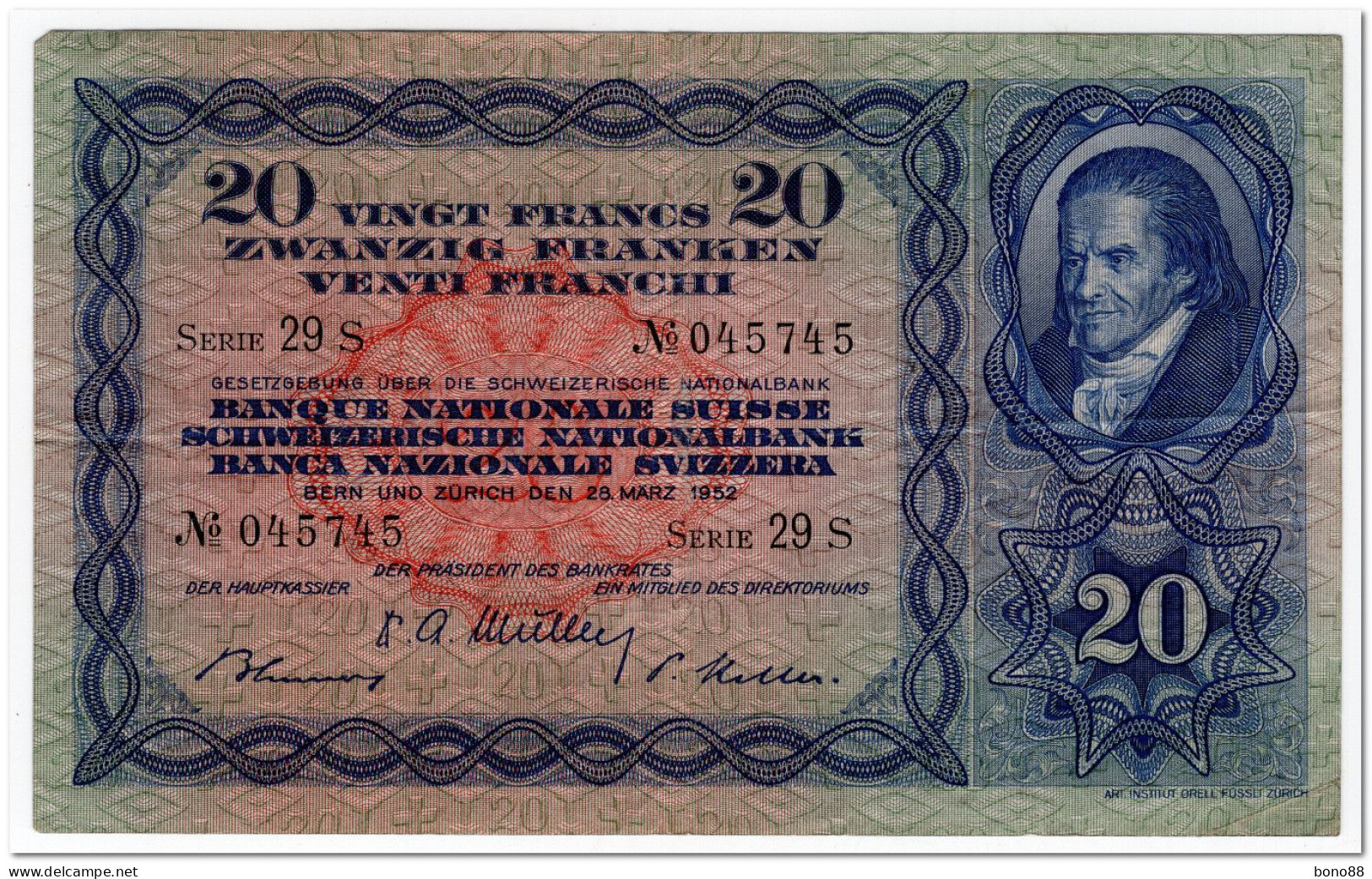 SWITZERLAND,20 FRANKEN,1952,P.39t,VF - Suiza