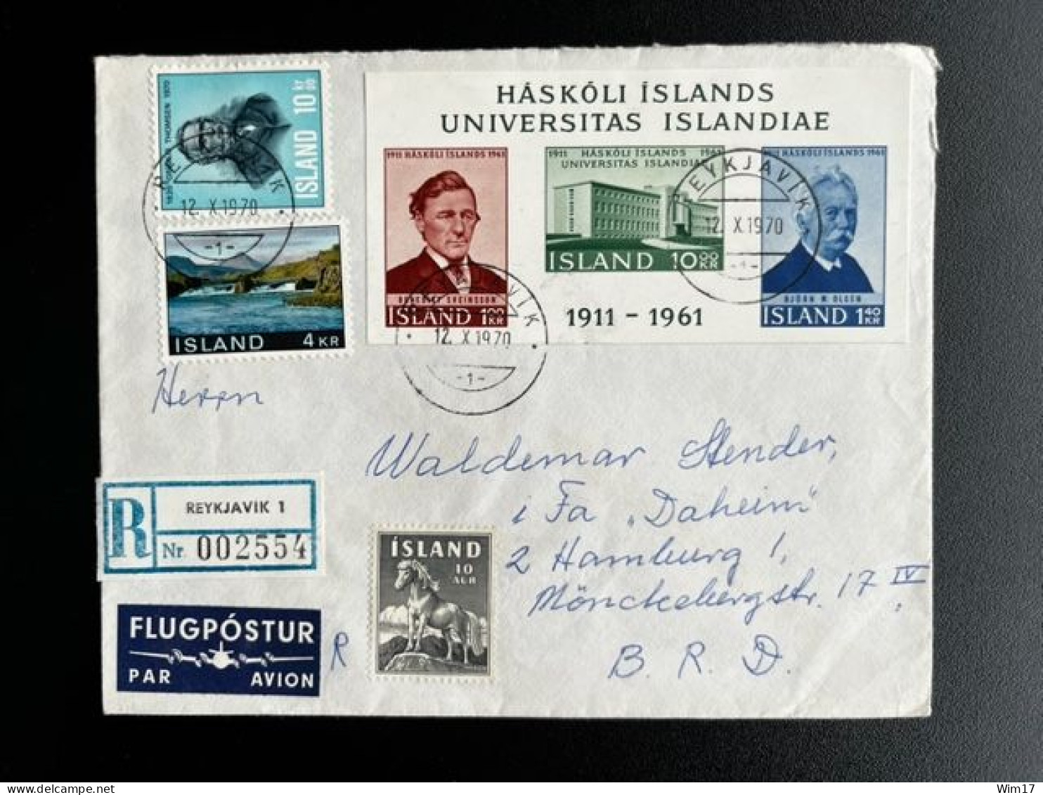 ICELAND ISLAND 1970 REGISTERED AIR MAIL LETTER REYKJAVIK TO HAMBURG 12-10-1970 IJSLAND - Covers & Documents