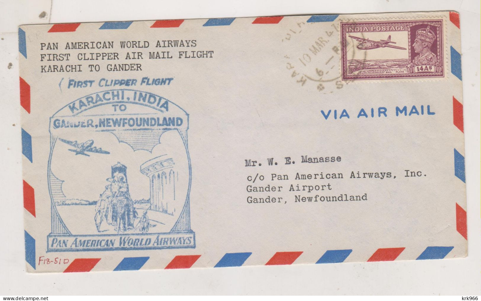 INDIA, KARACHI 1947 Nice Airmail Coverto NEWFOUNDLAND , First Flight CARACHI - GANDER - 1936-47 Koning George VI