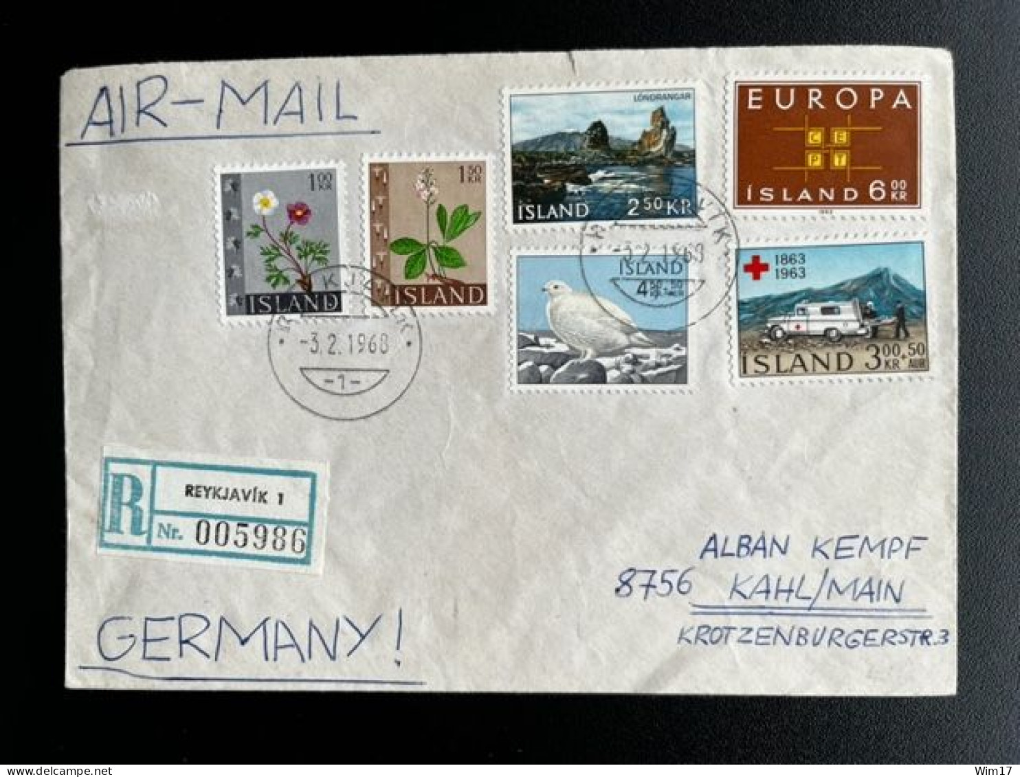 ICELAND ISLAND 1968 REGISTERED AIR MAIL LETTER REYKJAVIK TO KAHL AM MAIN 03-02-1968 IJSLAND - Cartas & Documentos