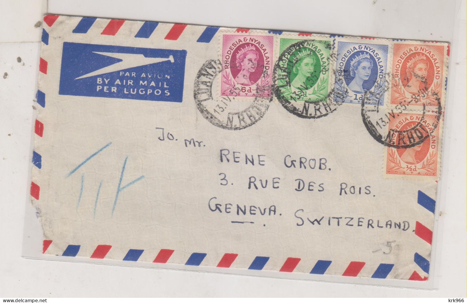 RHODESIA & NYASALAND 1955 Airmail Cover To Switzerland - Rhodésie & Nyasaland (1954-1963)