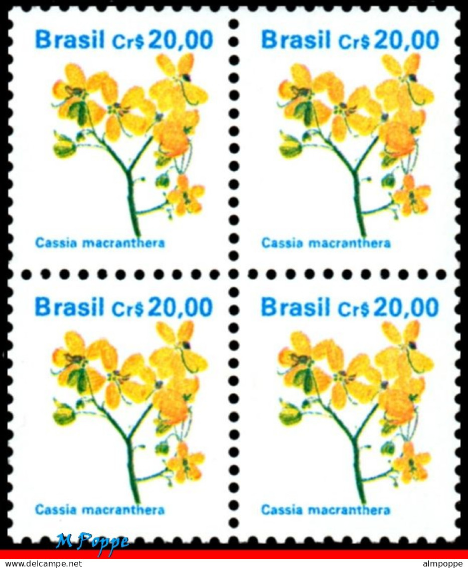 Ref. BR-2263-Q BRAZIL 1990 - FLORA, CR$ 20.00,BLOCK MNH, FLOWERS, PLANTS 4V Sc# 2263 - Blocks & Sheetlets