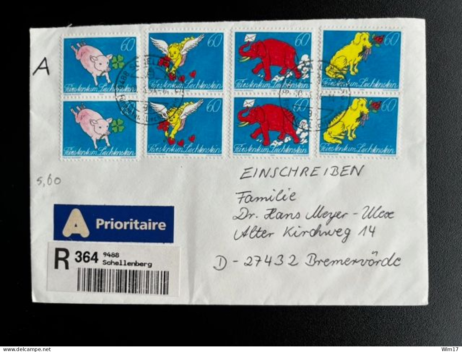 LIECHTENSTEIN 1994 REGISTERED LETTER SCHELLENBERG TO BREMERVORDE 10-06-1994 EINSCHREIBEN RECOMMANDE ELEPHANT DOG - Covers & Documents