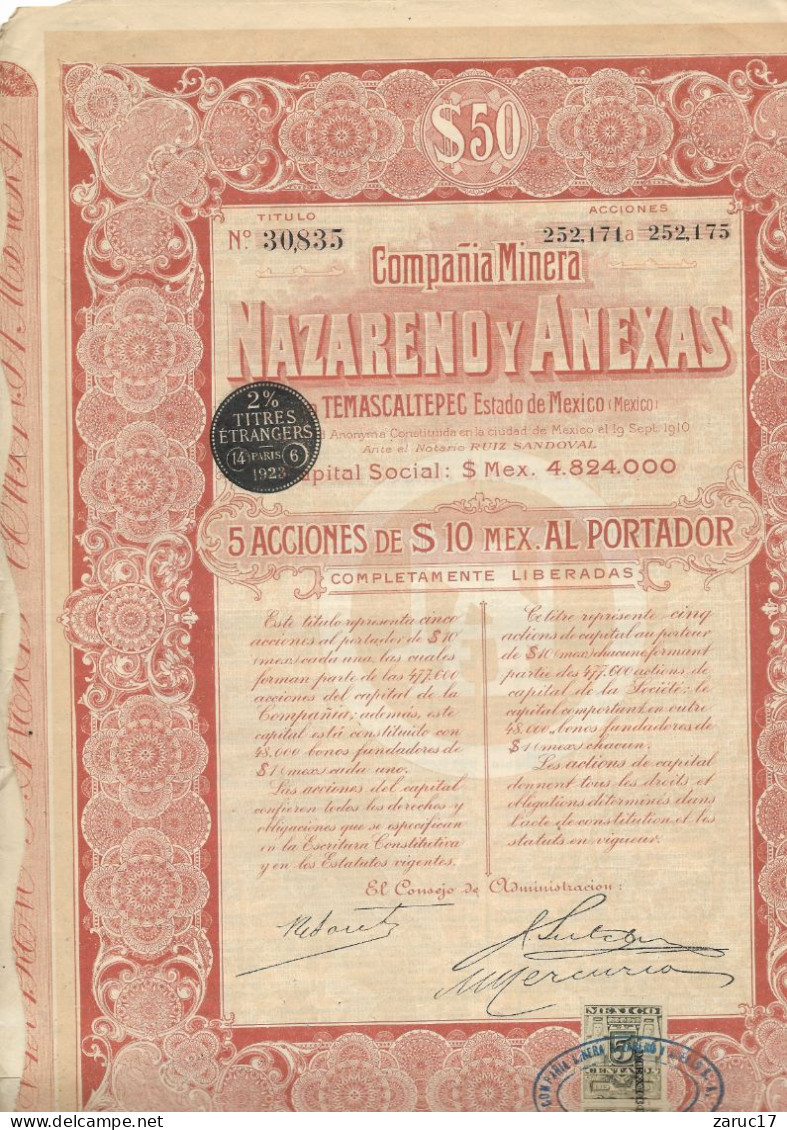 ACTION COMPANIA  MINERA NAZARENO Y ANEXAS  1910 Action En DOLLAR $ 10 MEXICAIN MEXIQUE AMERIQUE DU SUD - Mines