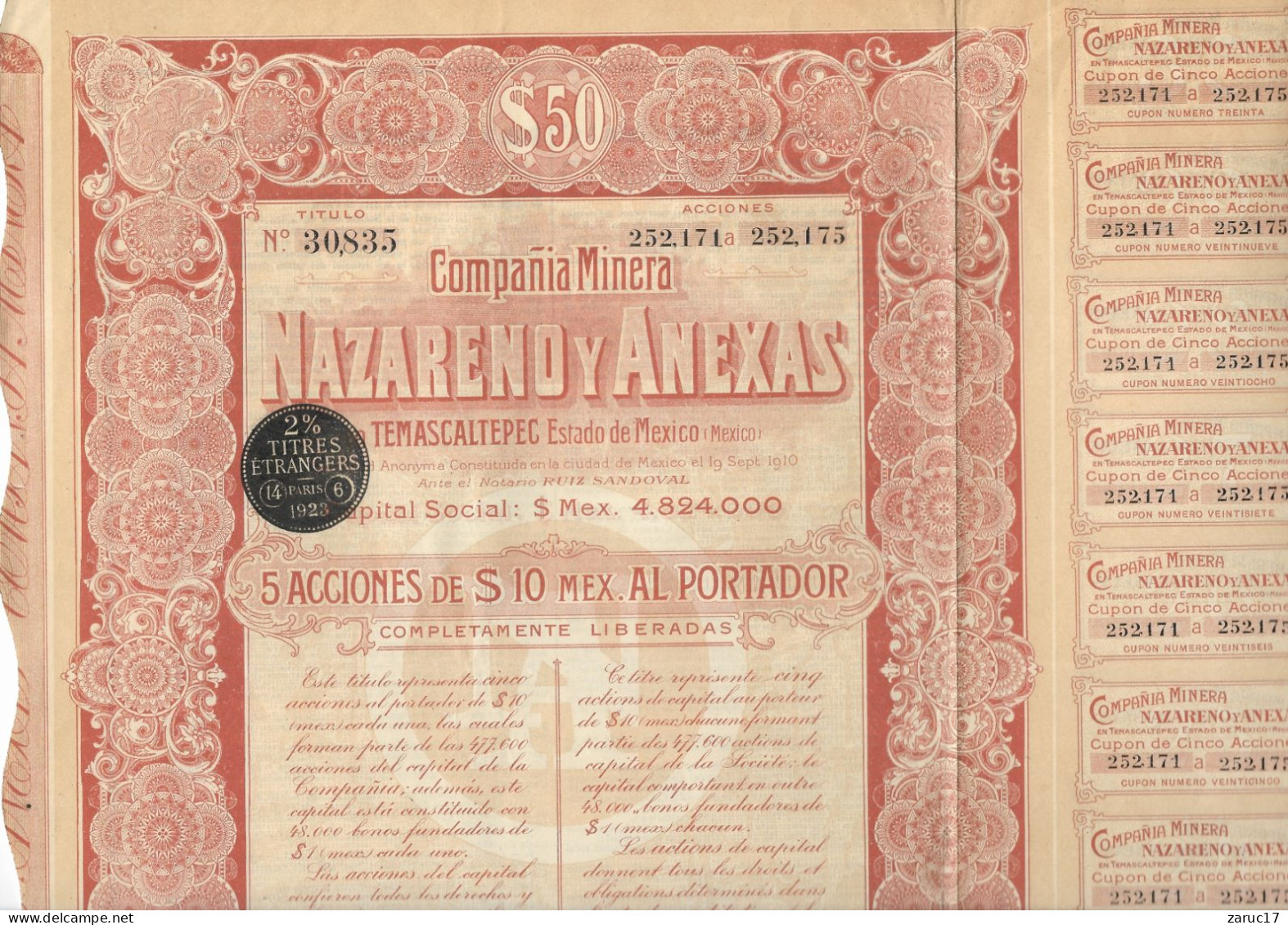 ACTION COMPANIA  MINERA NAZARENO Y ANEXAS  1910 Action En DOLLAR $ 10 MEXICAIN MEXIQUE AMERIQUE DU SUD - Mines