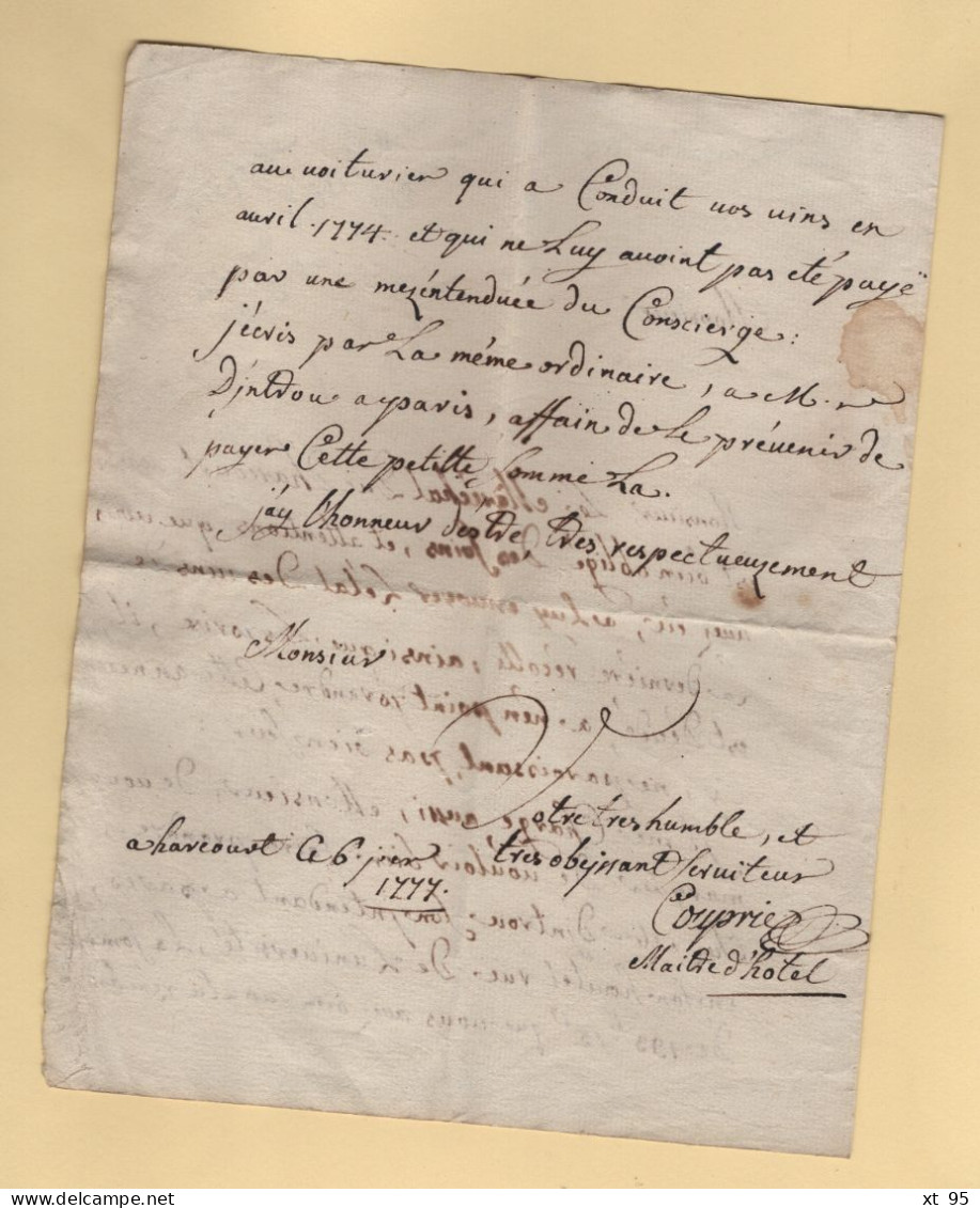 Marechal Duc D'Harcourt - 1777 - Lettre Ecrite Et Signee Par Courpie Son Maitre D Hotel - Normandie - Eure - Historische Personen