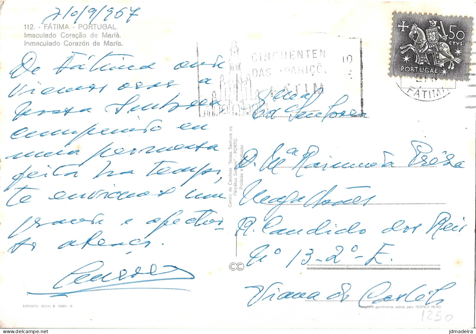 Portugal Our Lady Of Fatima Postcard CINQUENTENÁRIO DAS APARIÇÕES DE FÁTIMA Slogan Cancel - Brieven En Documenten