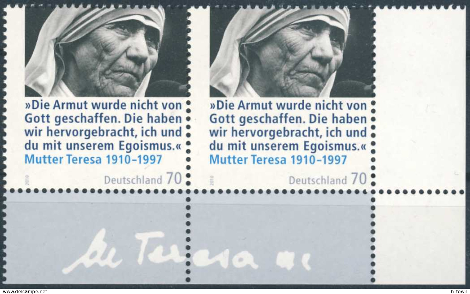 625  Mère Teresa, Signature: 2 Timbres D'Allemagne Avec Bordure -  Signature Sainte Teresa De Calcutta. Nobel - Madre Teresa