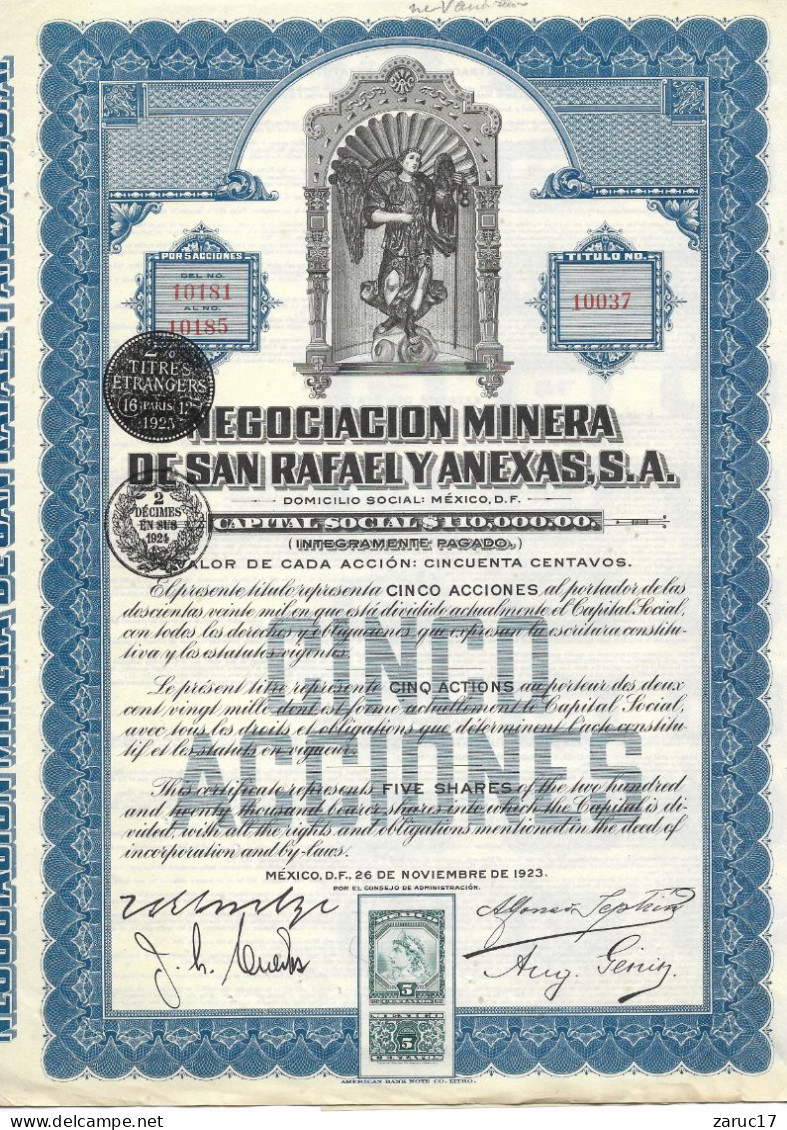 ACTION NEGOCIACION MINERA DE SAN RAFAEL Y ANEXAS 1923 MEXICO MEXIQUE AMERIQUE DU SUD - Mines