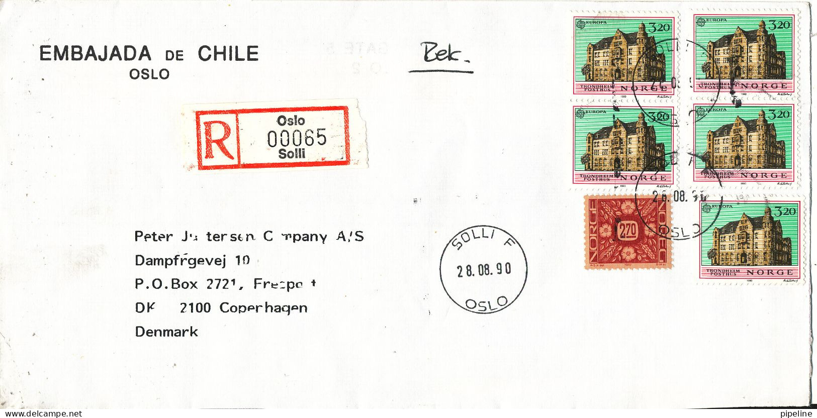 Norway Registered Cover Sent To Denmark 28-8-1990 Topic Stamps (from The Embassy Of Chile Oslo) - Lettres & Documents