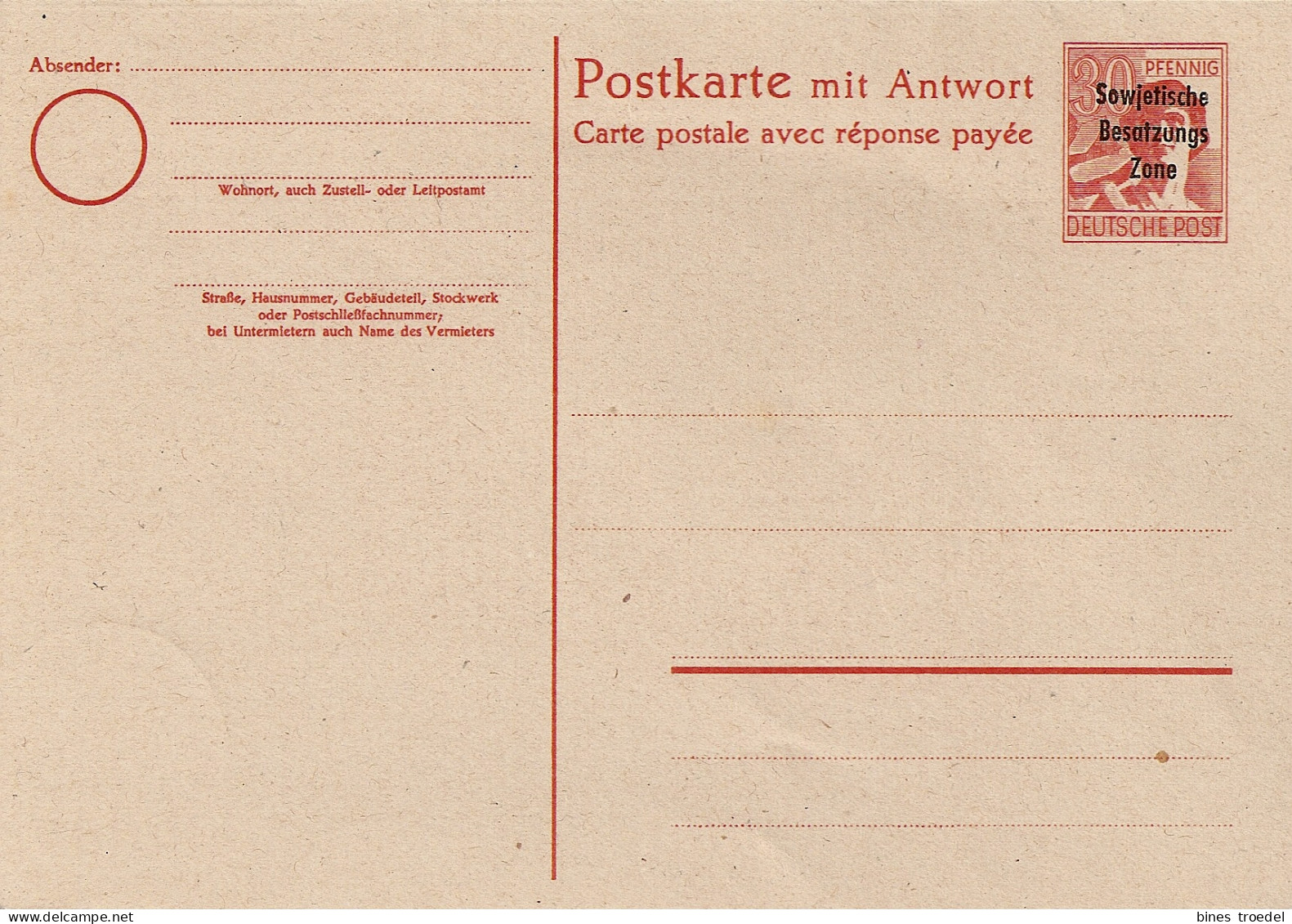 Sowjet. Zone P 33 I ** - 30 Pf Arbeiter Doppelkarte - Cartoline - Nuovi