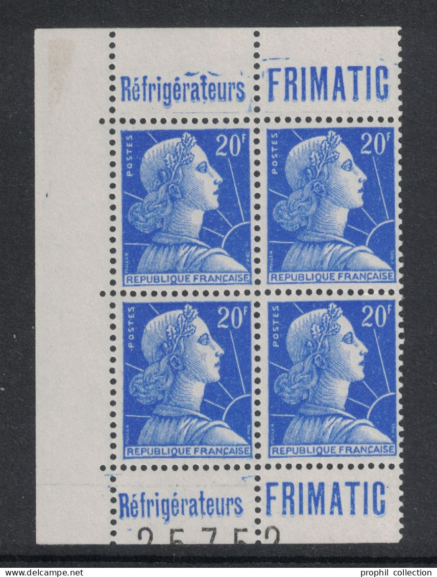 BLOC De 4 TIMBRES NEUF ** TYPE MULLER 1011B Avec BANDE PUBLICITAIRE De CARNET RÉFRIGÉRATEURS FRIMATIC + NUMÉRO FEUILLE - Ungebraucht