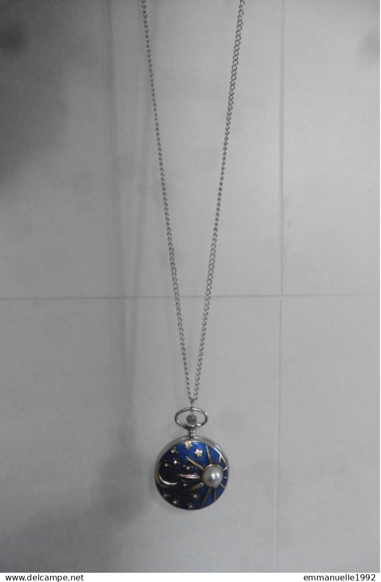 Montre De Poche Gousset Ou Pendentif Style Fabergé Métal Argenté émail Bleu Perle Lune étoiles à Cristaux - à Quartz - Montres Gousset