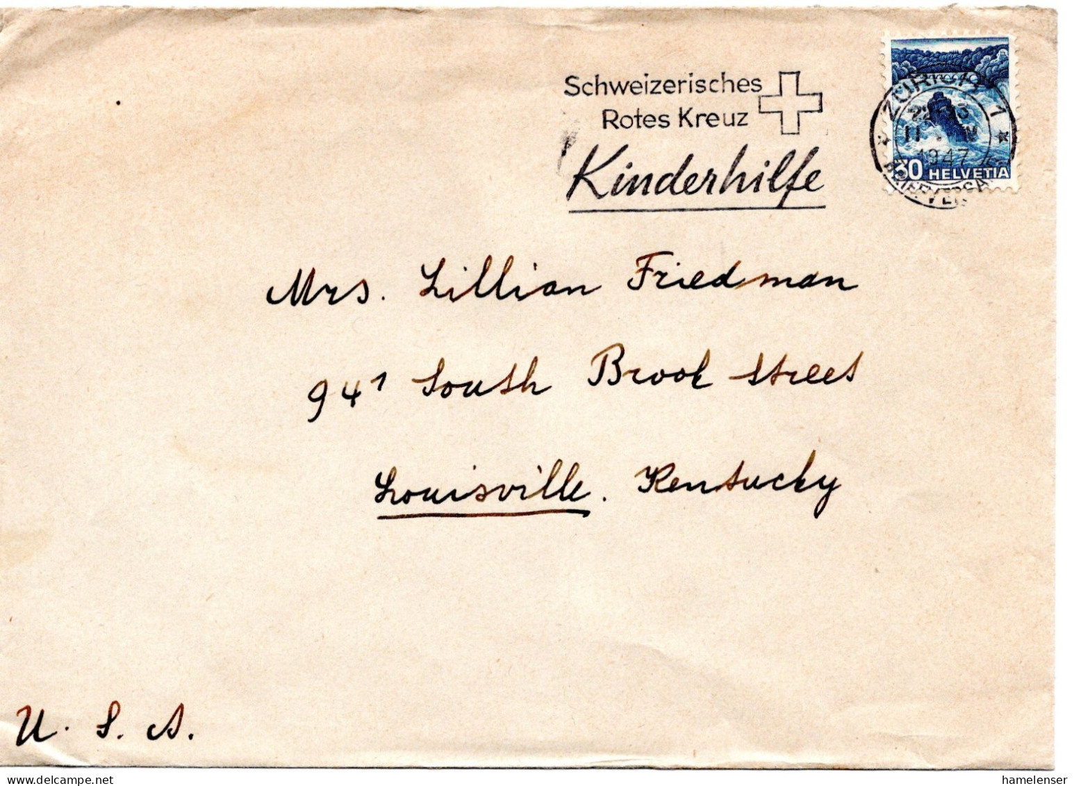 60860 - Schweiz - 1947 - 30Rp Landschaften EF A Bf ZUERICH - ... KINDERHILFE -> Louisville, KY (USA) - Croce Rossa