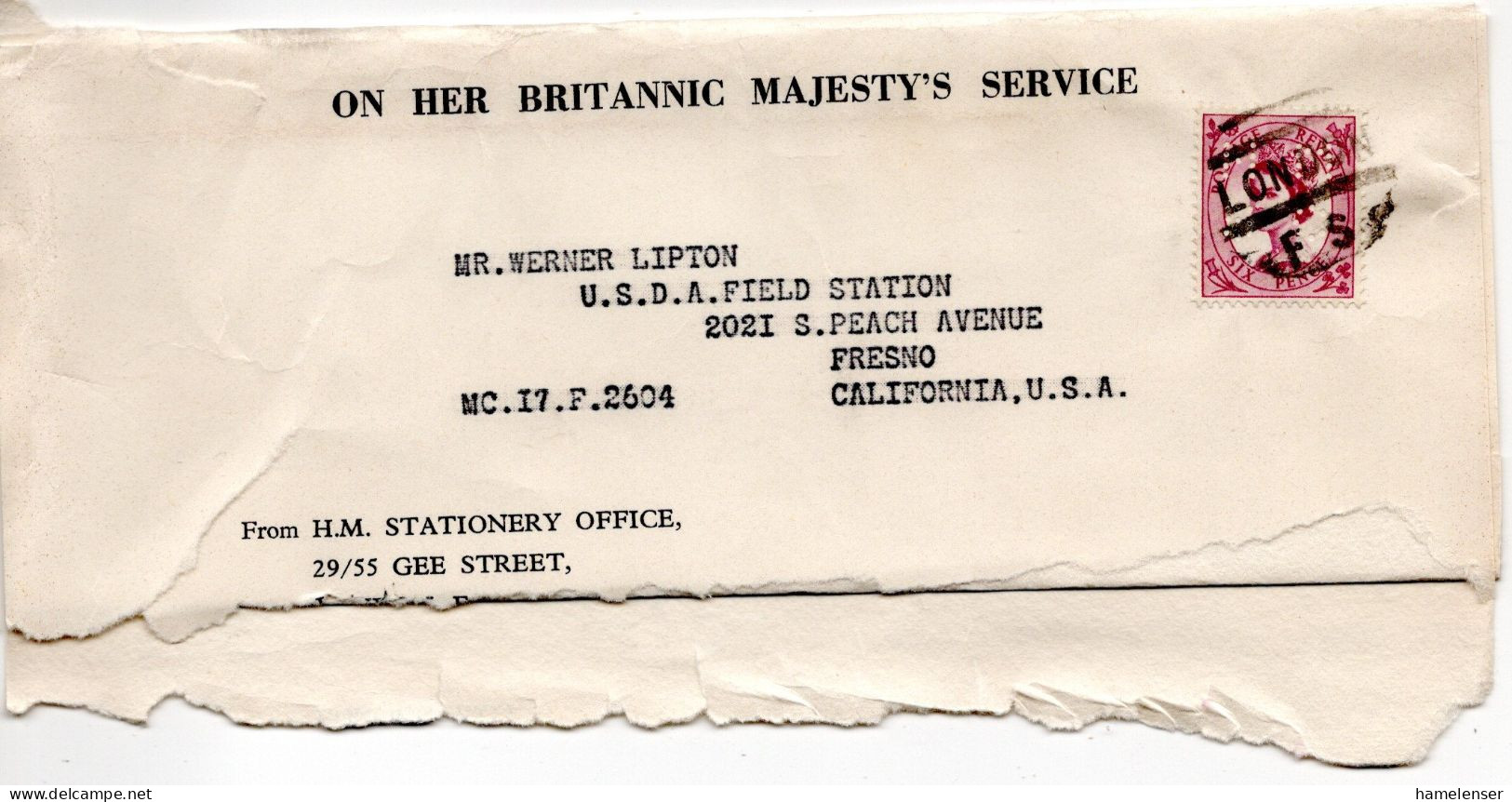 60864 - Grossbritannien - Ca. 1956 - 6d Wilding (perfin) EF A Streifband (Oeffnungsmgl U) LONDON -> Fresno, CA (USA) - Covers & Documents
