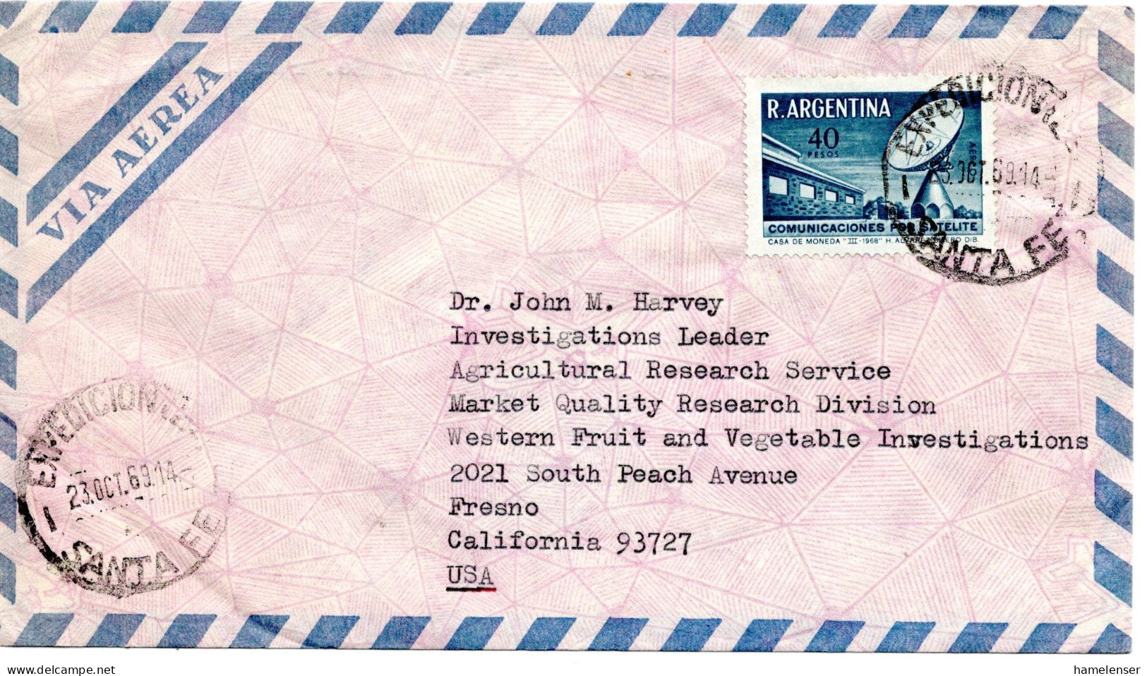 60872 - Argentinien - 1969 - 40P Erdfunkstelle EF A LpBf EXPEDICION -> Fresno, CA (USA) - Storia Postale