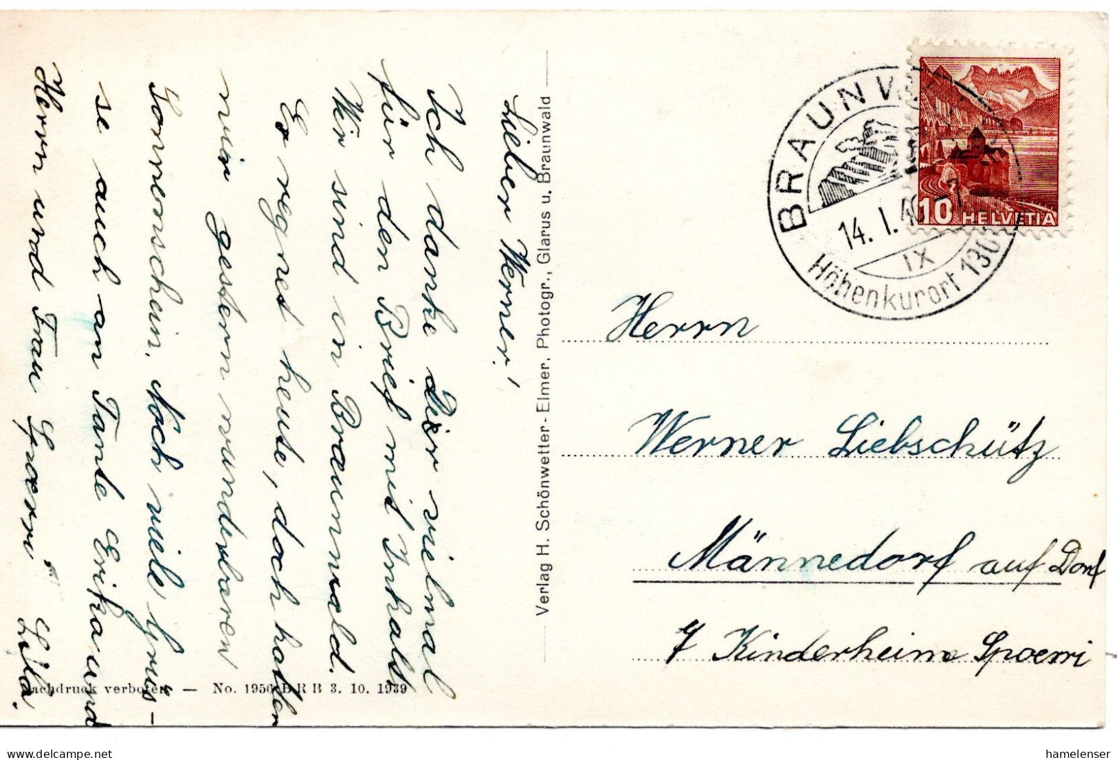 60873 - Schweiz - 1946 - 10Rp Landschaften EF A AnsKte BRAUNWALD - ... -> Maennedorf - Lettres & Documents