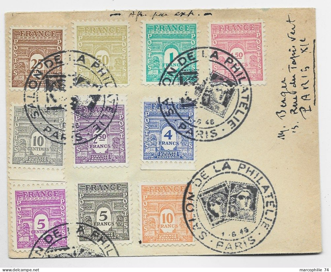 ARC TRIOMPHE SERIE COMPLETE 25C A 10FR LETTRE COVER SALON PHILATELIE 1.6.1946 - 1944-45 Arc De Triomphe