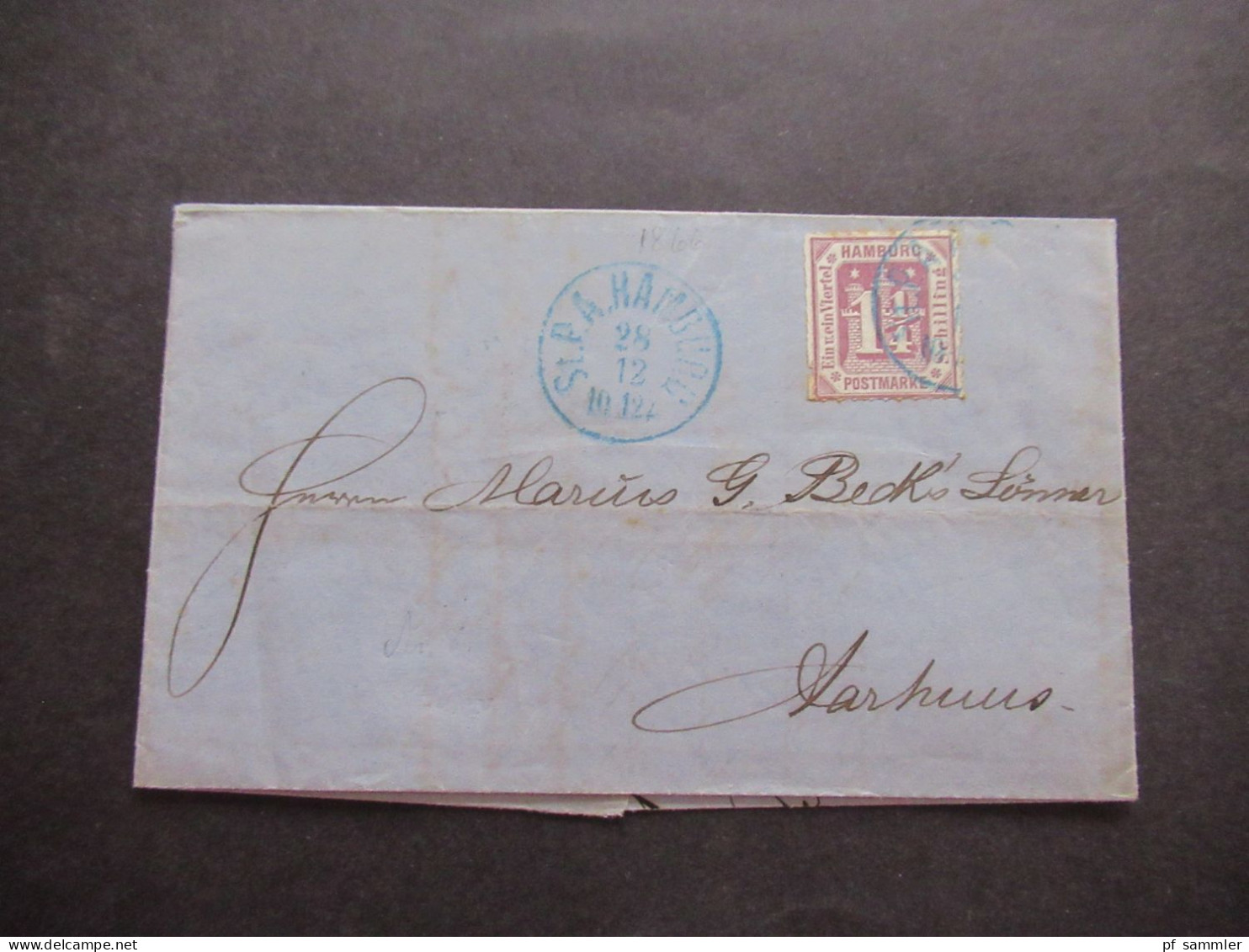 AD Hamburg 1866 Mi.Nr.20 Auslandsbrief Von HH Nach Aarhuus / Faltbrief Mit Inhalt Blauer Stempel HH Stadt-Postamt - Hamburg