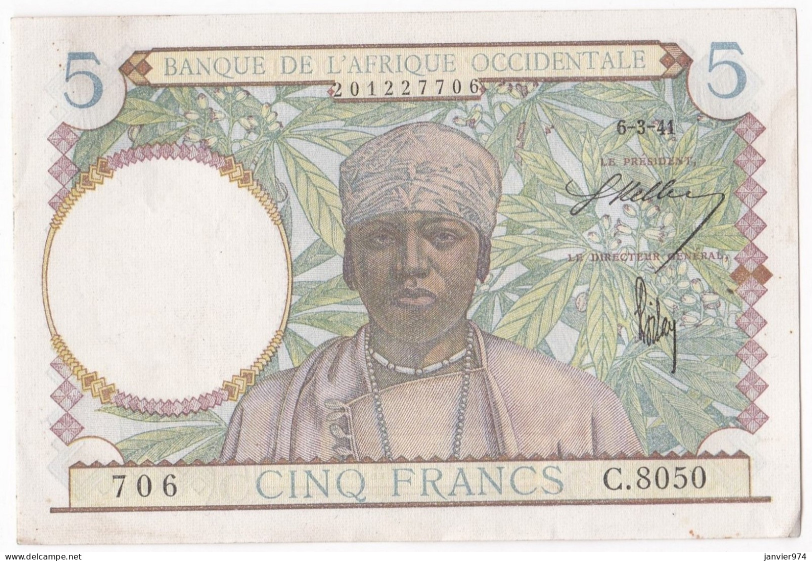 Banque De L'Afrique Occidentale 5 Francs 6 3 1941, Alph : C 8050 N° 706, Non Circuler, Avec Son Craquant D’origine - Sonstige – Afrika