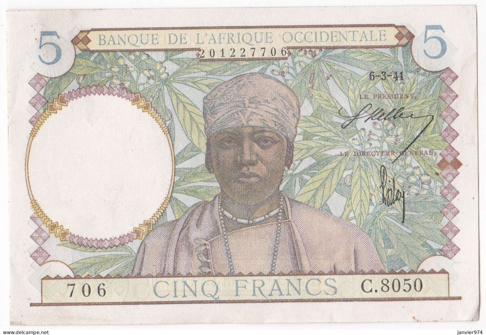 Banque De L'Afrique Occidentale 5 Francs 6 3 1941, Alph : C 8050 N° 706, Non Circuler, Avec Son Craquant D’origine - Andere - Afrika