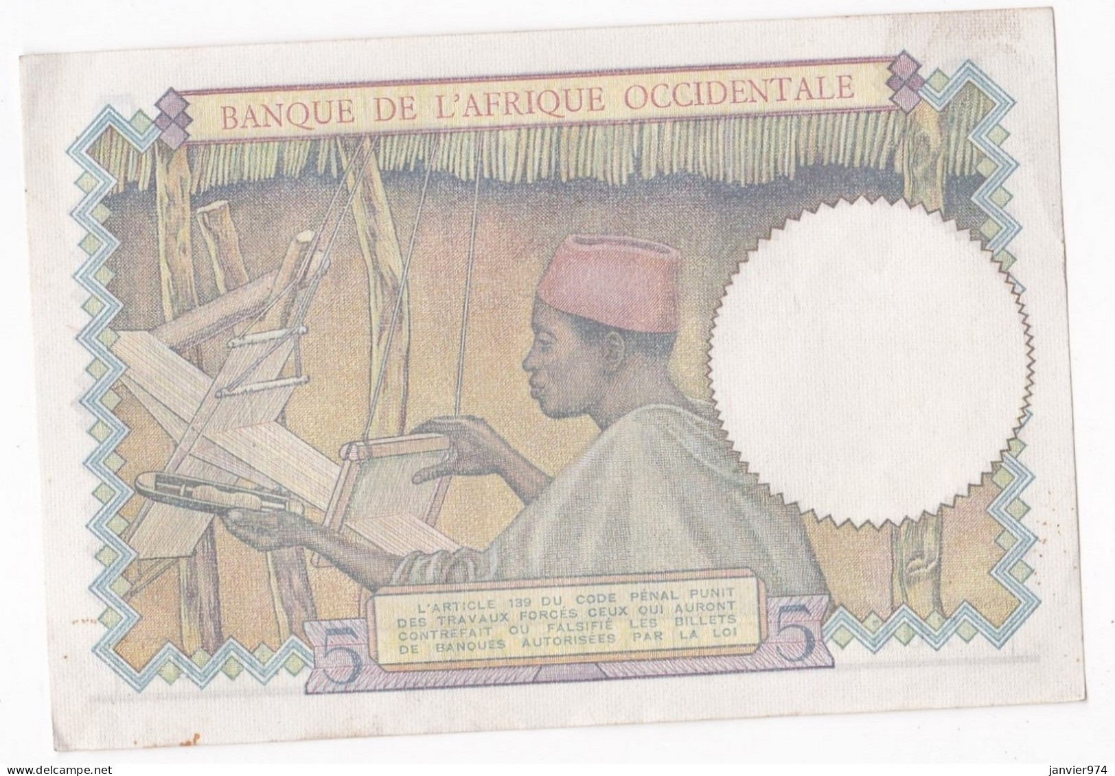 Banque De L'Afrique Occidentale 5 Francs 6 3 1941, Alph : C 8050 N° 706, Non Circuler, Avec Son Craquant D’origine - Sonstige – Afrika