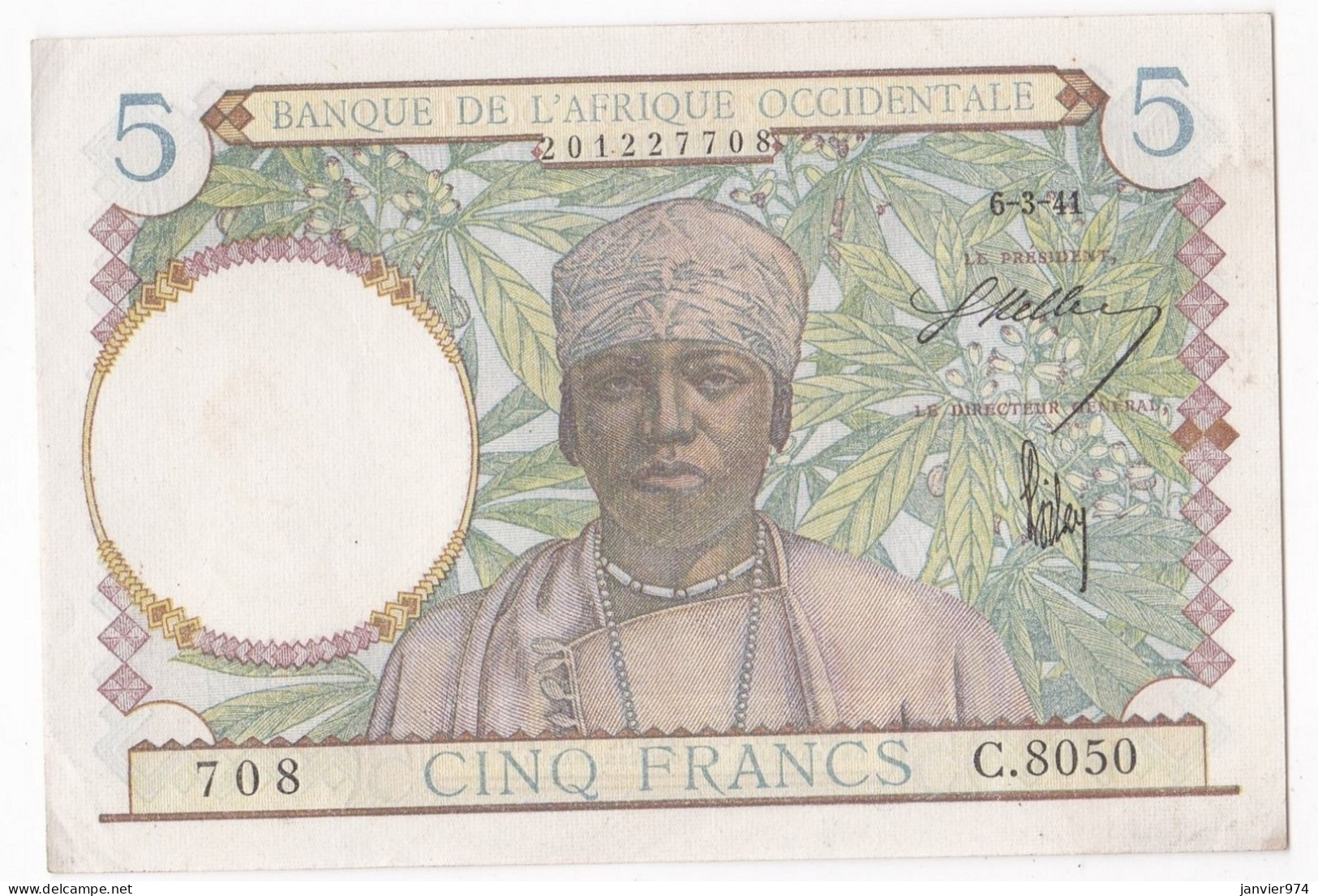 Banque De L'Afrique Occidentale 5 Francs 6 3 1941, Alph : C 8050 N° 708, Non Circuler, Avec Son Craquant D’origine - Andere - Afrika