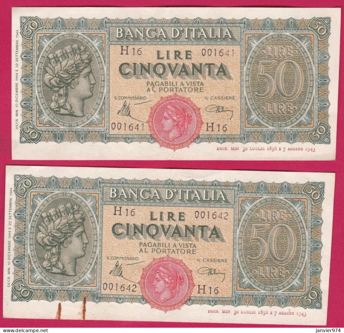 2 Billets De 50 Lire TURRITA 1944, Alphabet : H16, N° 001641 Et 001642, Numéro Qui Se Suive,  TTB - 50 Liras