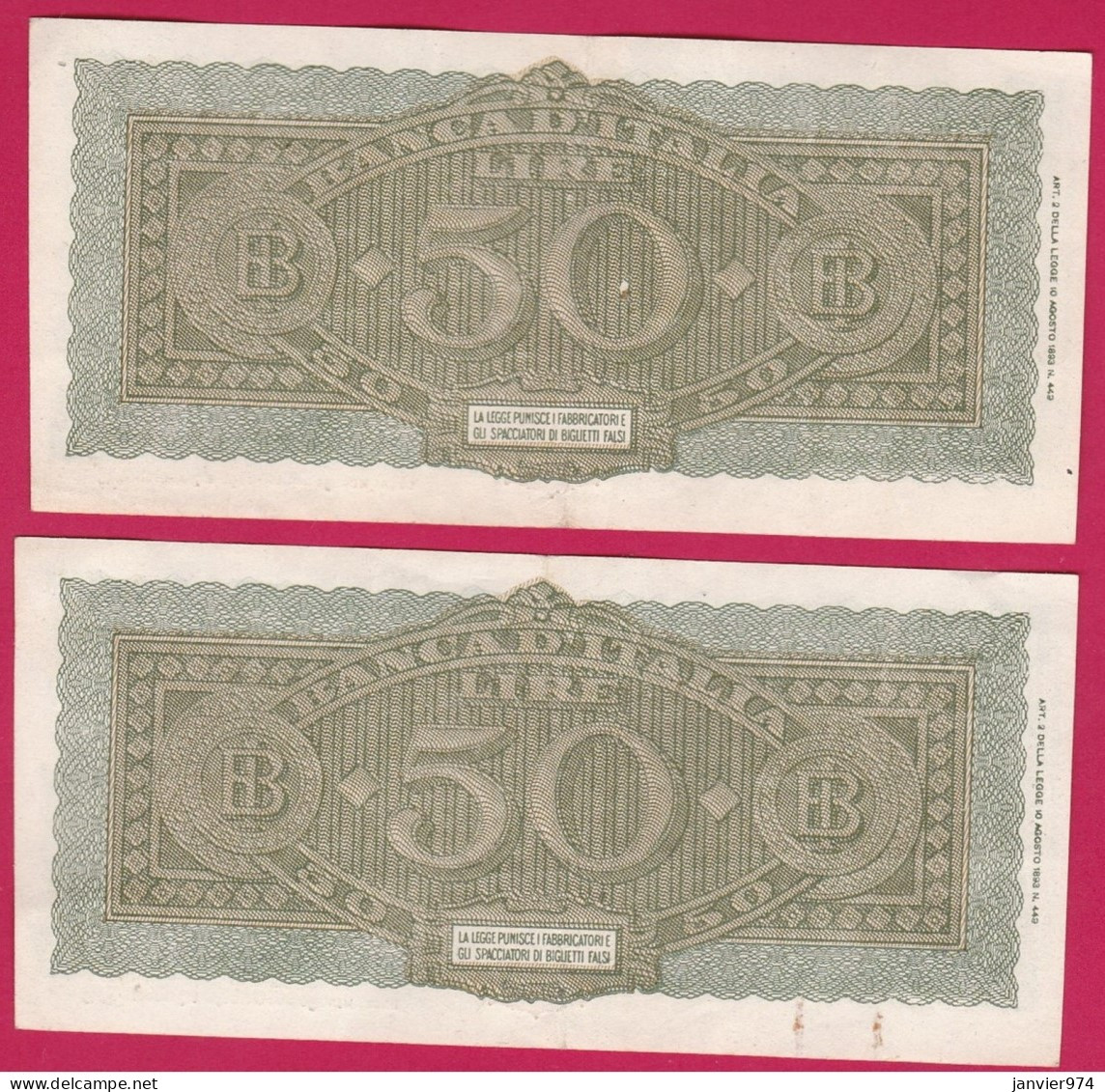 2 Billets De 50 Lire TURRITA 1944, Alphabet : H16, N° 001641 Et 001642, Numéro Qui Se Suive,  TTB - 50 Lire