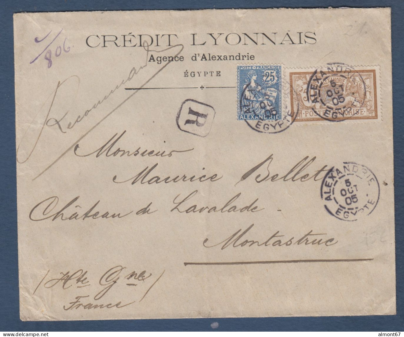 Alexandrie - 25c Mouchon Et 50c Merson Sur Enveloppe Recommandée - Briefe U. Dokumente