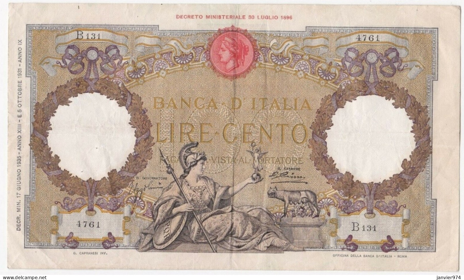 Banca D’Italia. 100 Lire Capranesi 17 Juin 1935. Alphabet B 131, N°4761 . TTB - 100 Lire