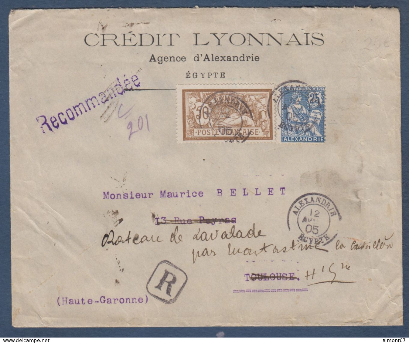 Alexandrie - 25c Mouchon Et 50c Merson Sur Enveloppe Recommandée - Storia Postale