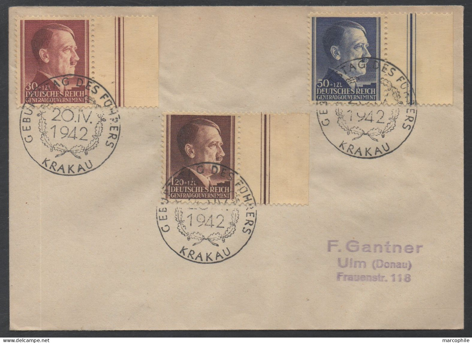 GENERAL GOUVERNEMENT - CRACOVIE - III REICH / 20-4-42 - 53e ANNIVERSAIRE HITLER - SERIE COMPLETE FDC / Mi # 89/91 - General Government