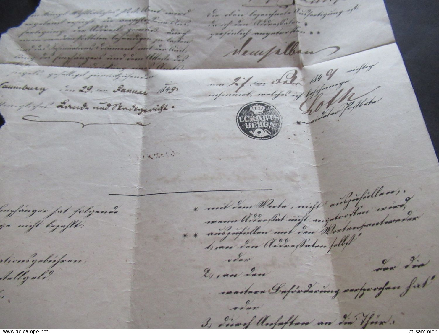 Vorphila / AD Sachsen 1849 Stempel K2 Eckartsberga / Faltbrief mit Inhalt / Post Insinuations Document / Naumburg